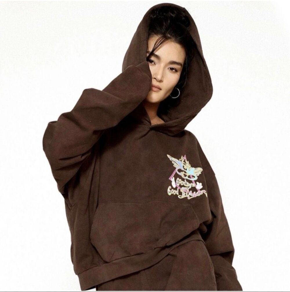 Boys Lie Good Vibes Good Luck Angel Hoodie Brown Oversized One Size